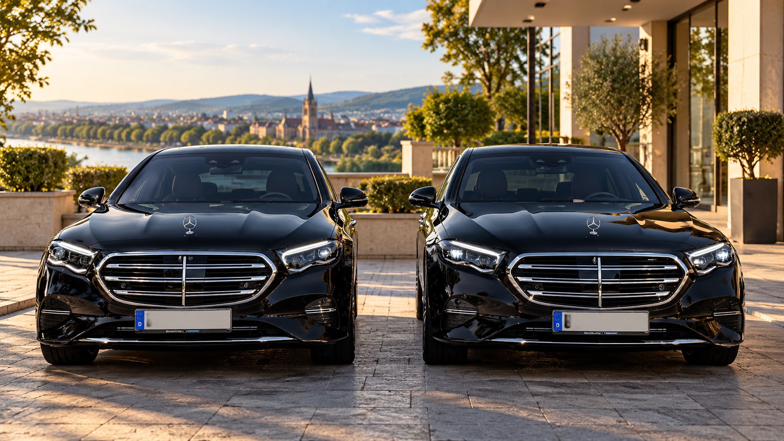 Zwei schwarze Mercedes-Benz Limousinen aus unserem Fuhrpark